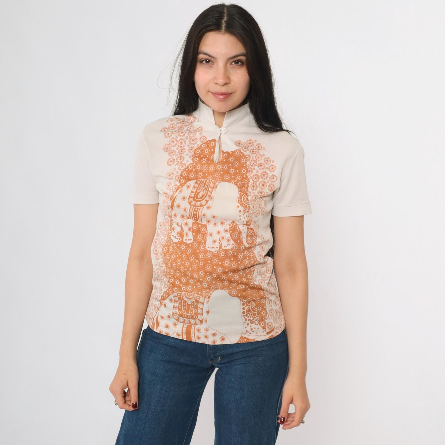70s Elephant Mandarin Collar Shirt Beige Burnt Orange Print XS
