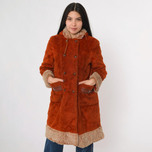 70s Burnt Orange Faux Fur Hooded Jacket Double Breasted Extra Small