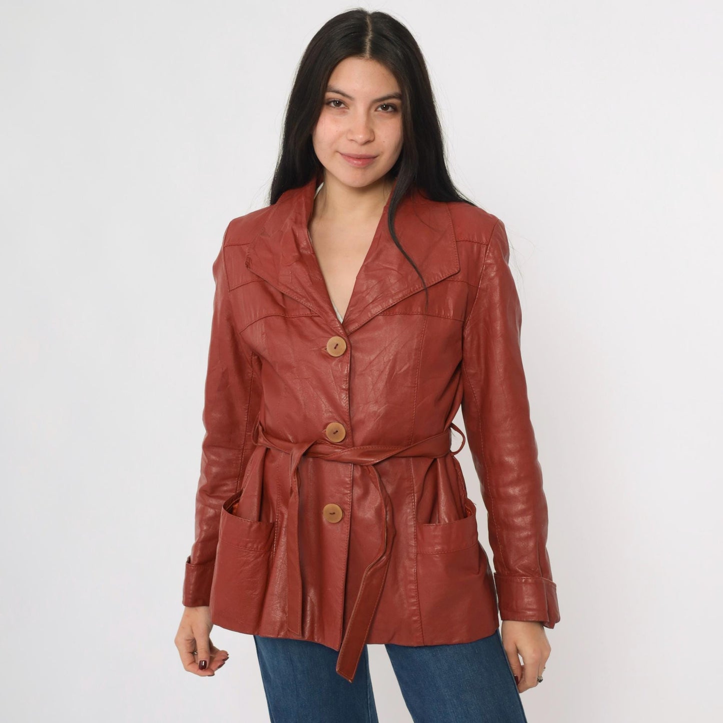 70s Learsi Leather Jacket Brick Red Belted Button-Up Small