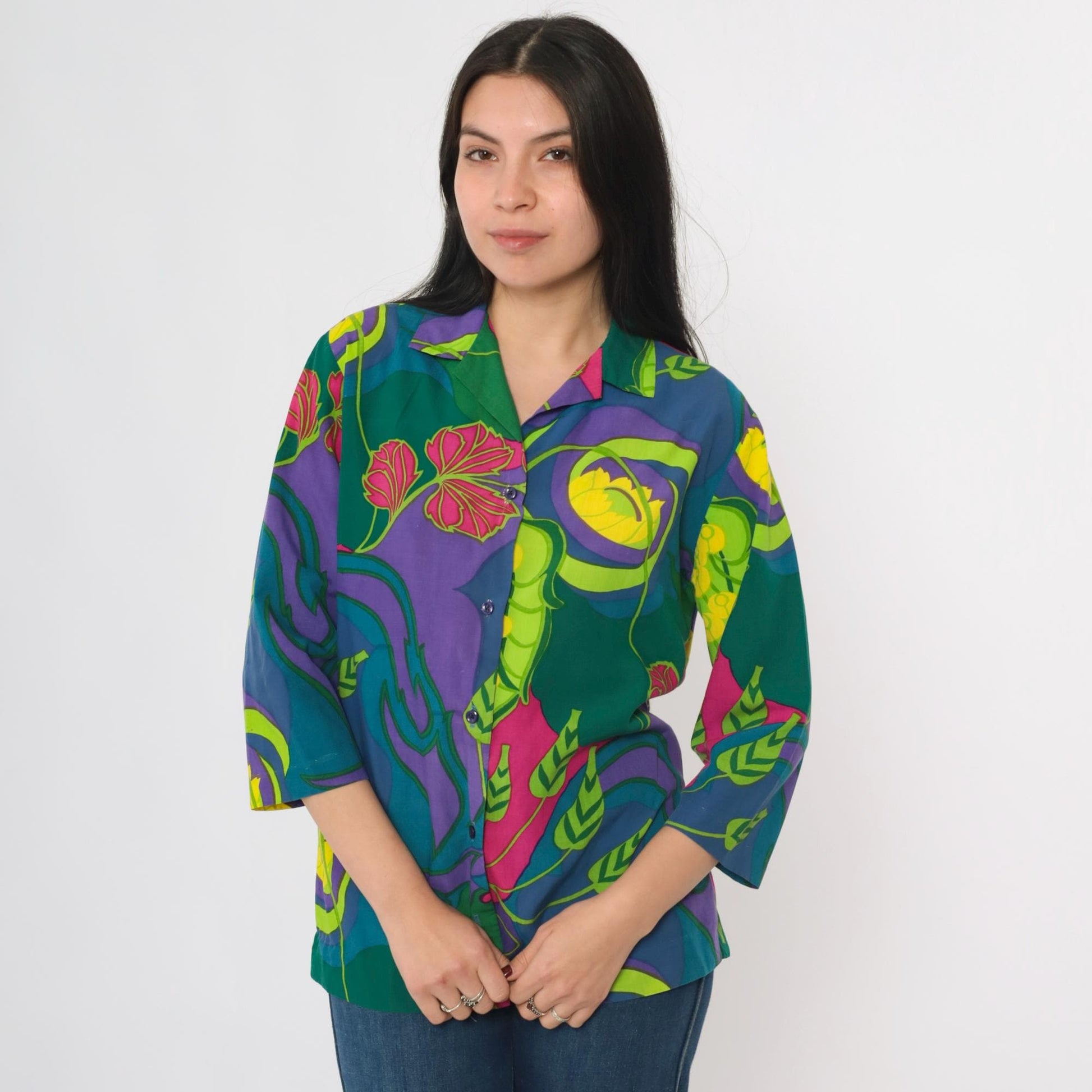 70s Tropical Floral Button-Up Shirt Purple Green Multicolor 3/4 Sleeve Medium M