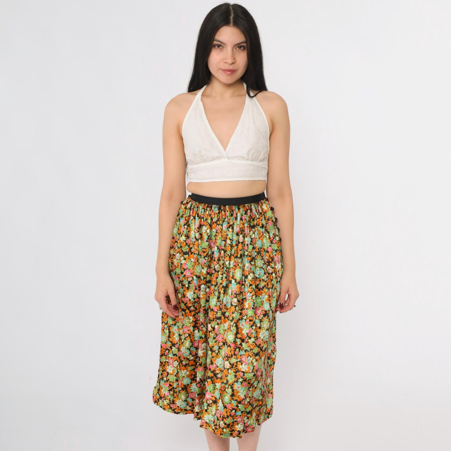 70s Floral Velvet Midi Skirt High Waisted Orange Green XXS