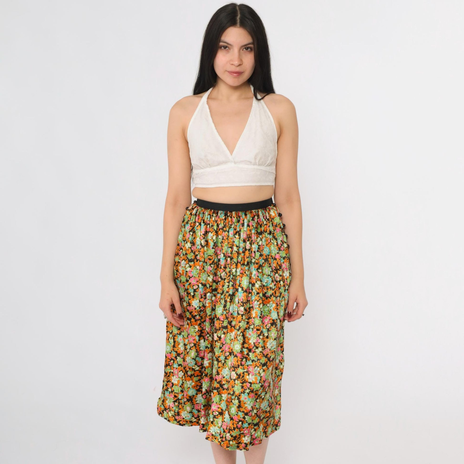 70s Floral Velvet Midi Skirt High Waisted Orange Green XXS