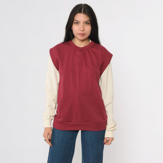 80s Huk-A-Poo Burgundy Cream Snap Neck Sweatshirt Two-Tone Men's Extra Small
