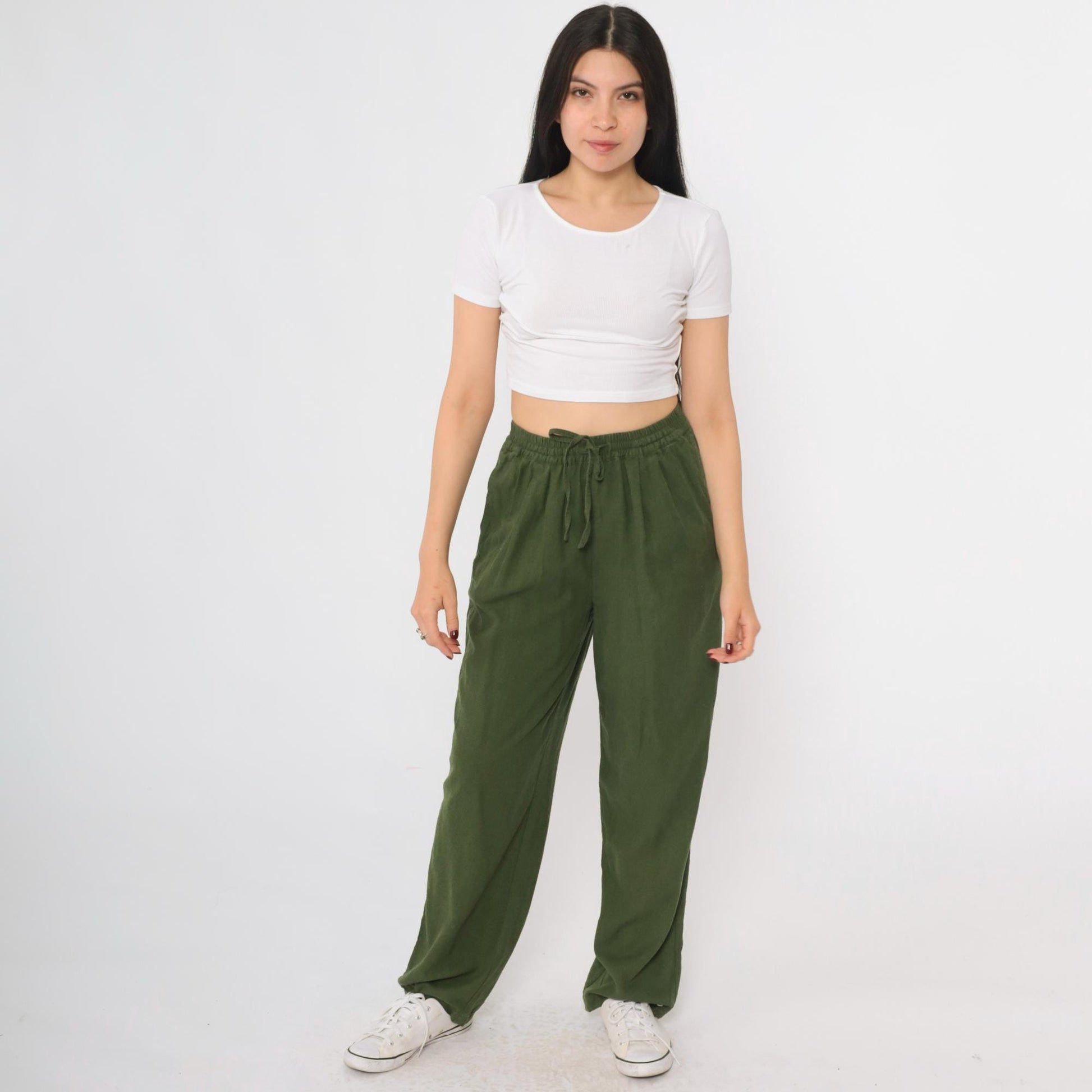 90s Selene Sport Olive Silk Tapered Pants Drawstring Elastic Waist Small S