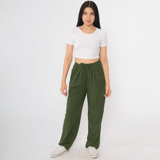 90s Selene Sport Olive Silk Tapered Pants Drawstring Elastic Waist Small S