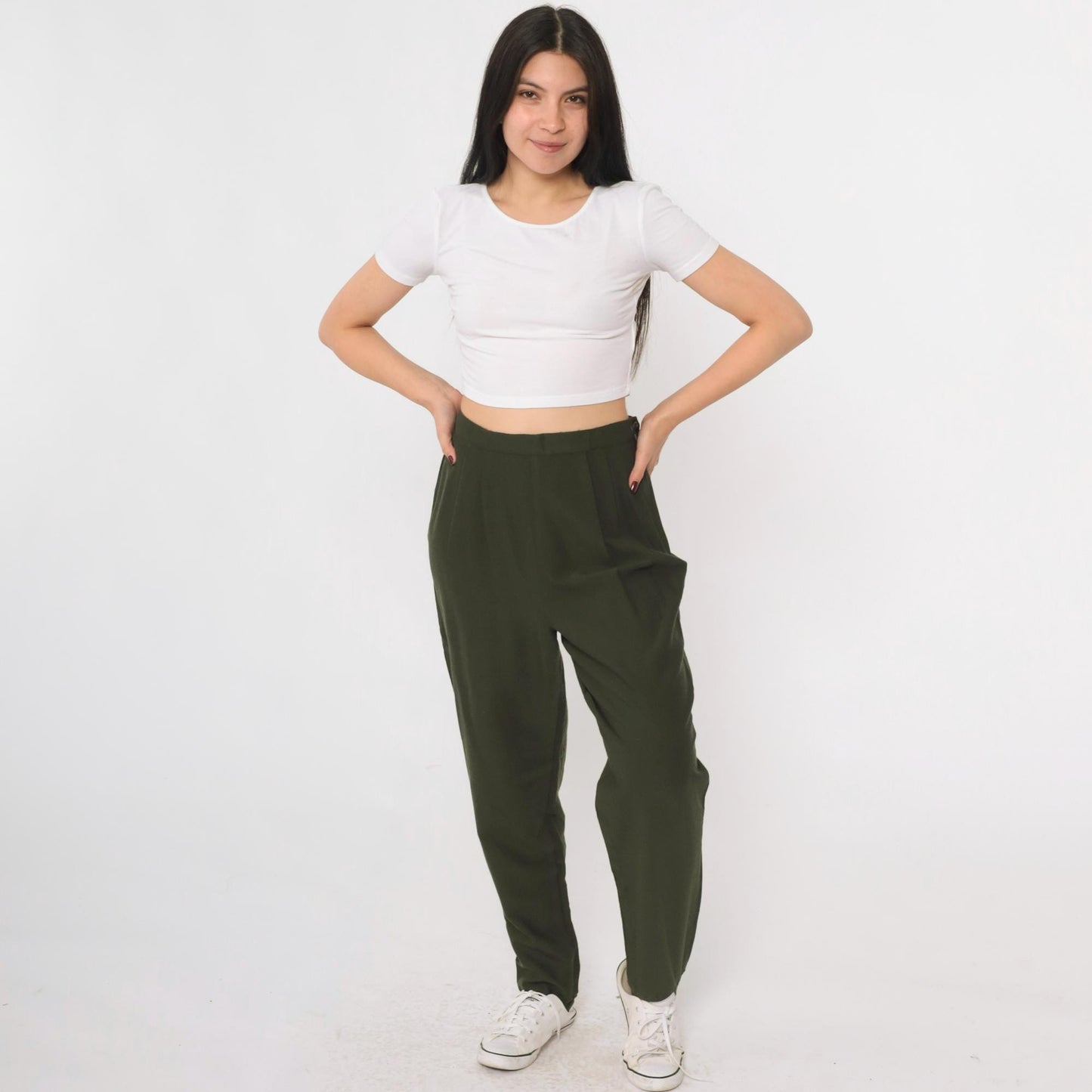 Y2K Lands End Wool Stirrup Trousers Olive Green Pleated High Waist Small 6