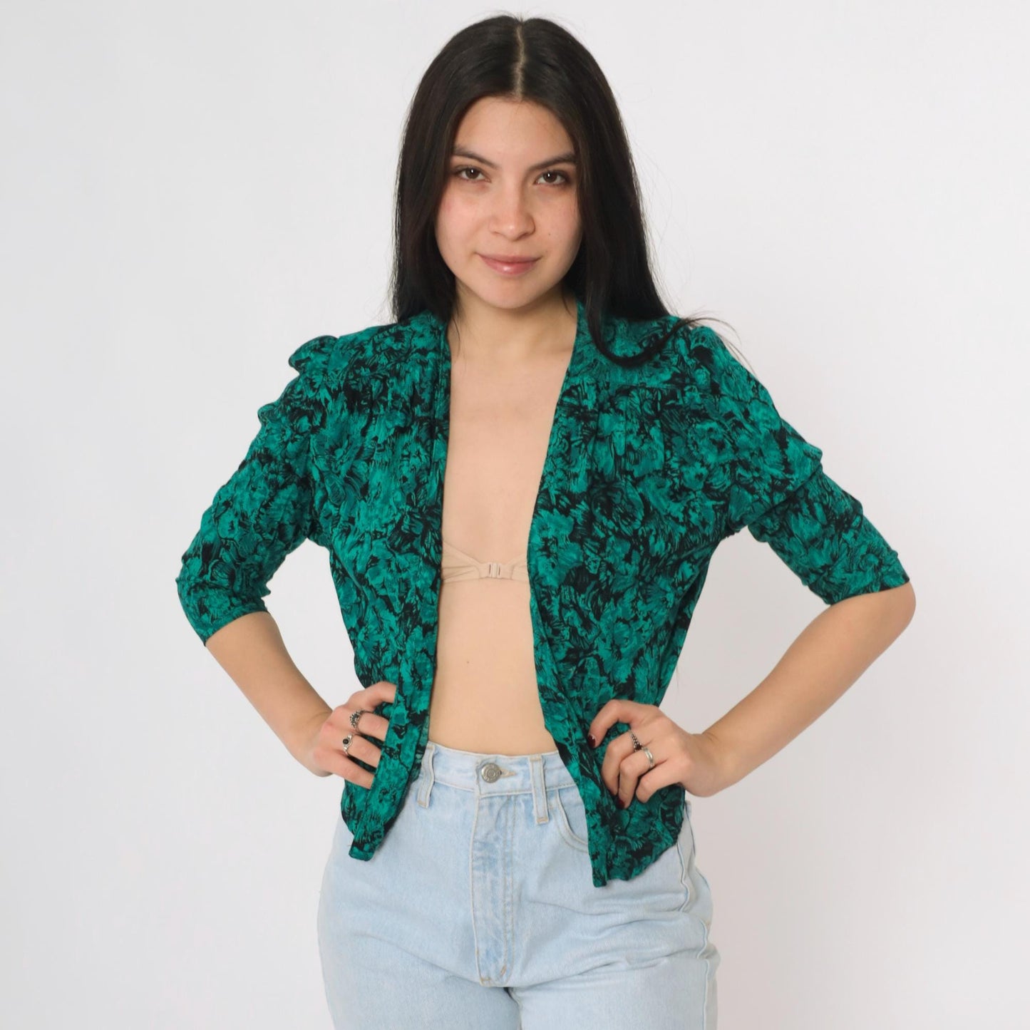 80s Jazzy Rayon Blouse Puff Sleeve Abstract Floral Green Black Small