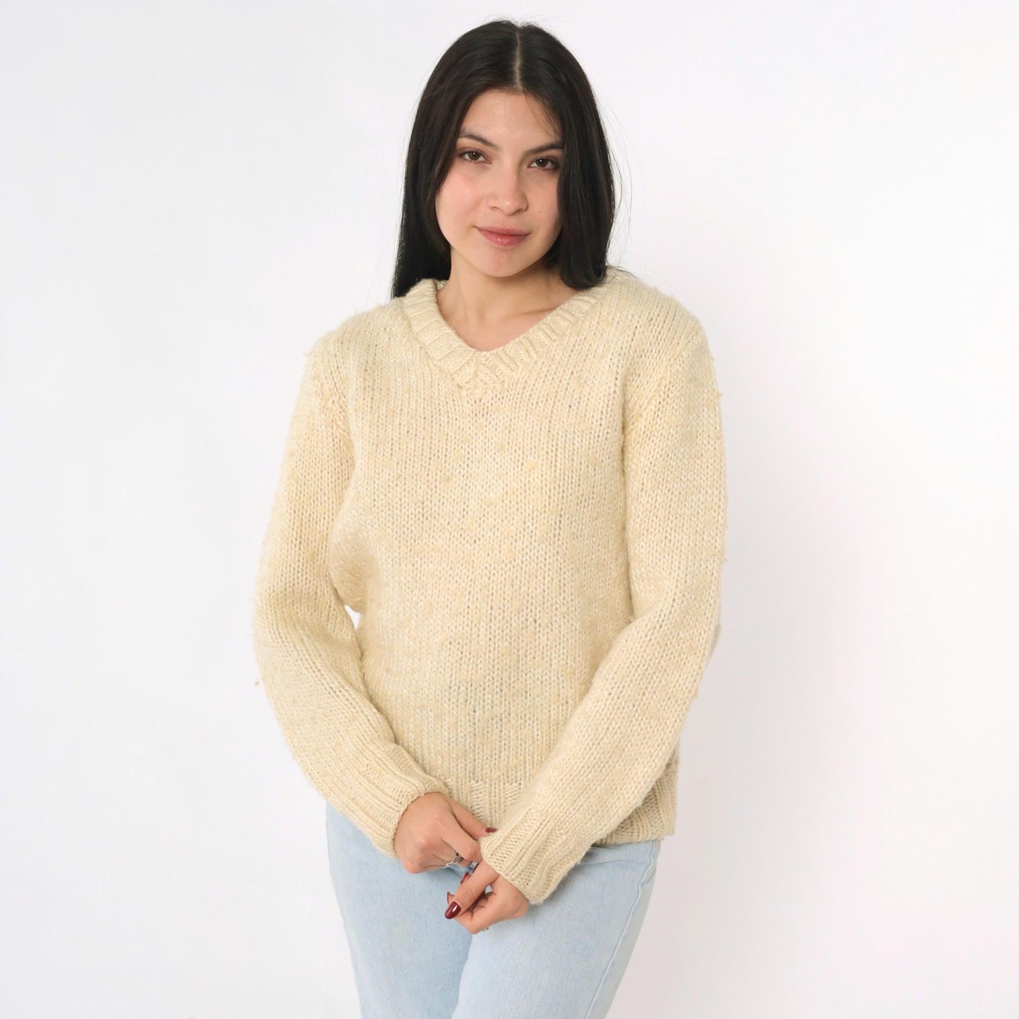 80s Cream Slub Knit V-Neck Sweater Pullover Medium M