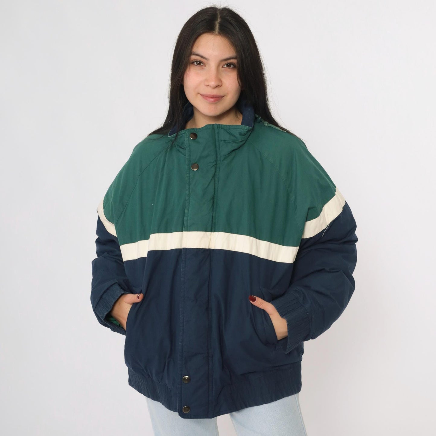 90s Dash Lifes Adventures Colorblock Puffer Jacket Green Navy Medium