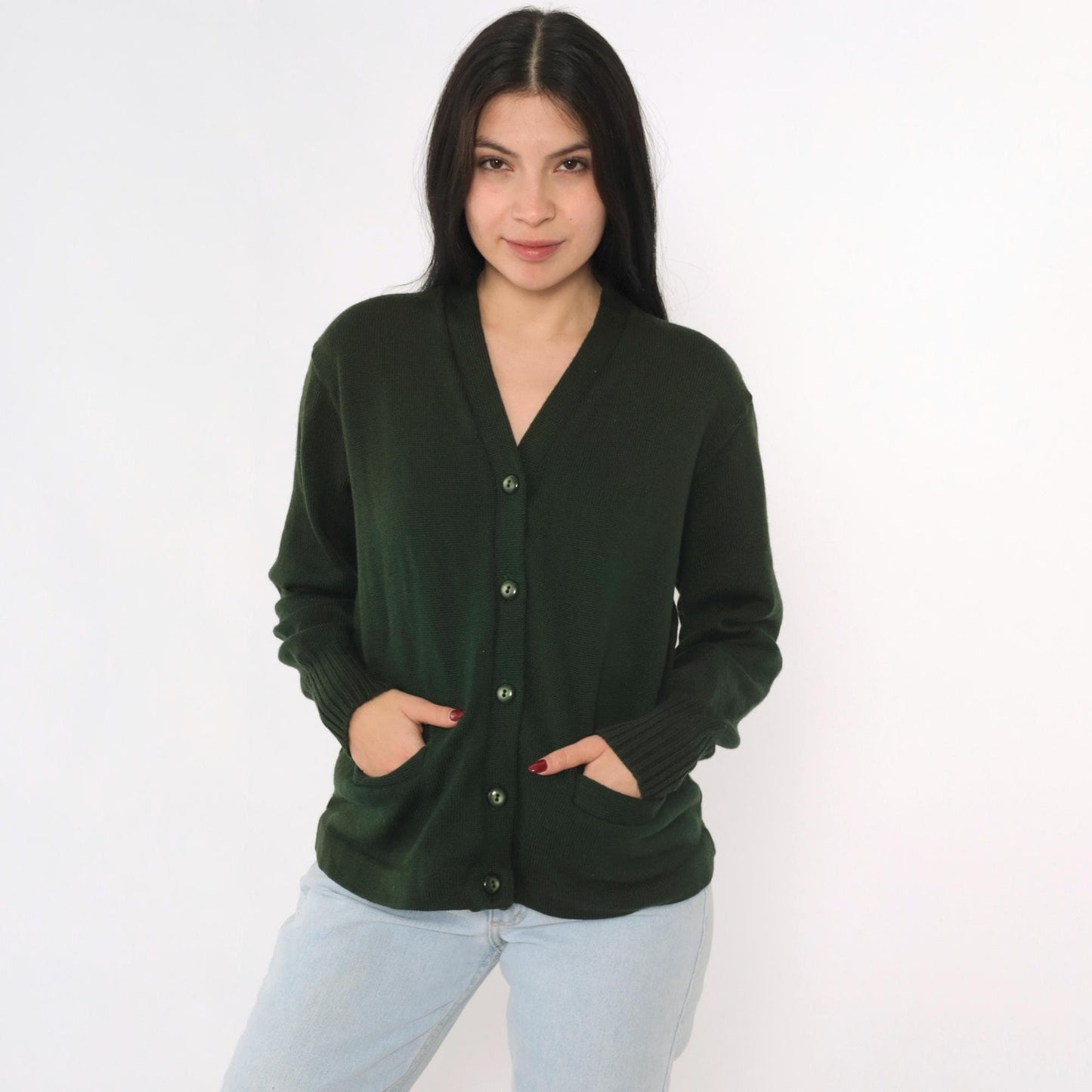 1960s Albion Knit Dark Green Wool Cardigan Button-Up Medium M