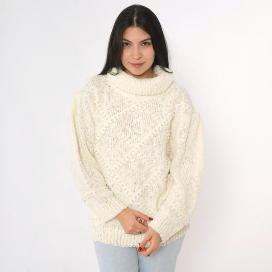 80s Bonnie and Bill Cream Pearl Beaded Turtleneck Sweater Medium