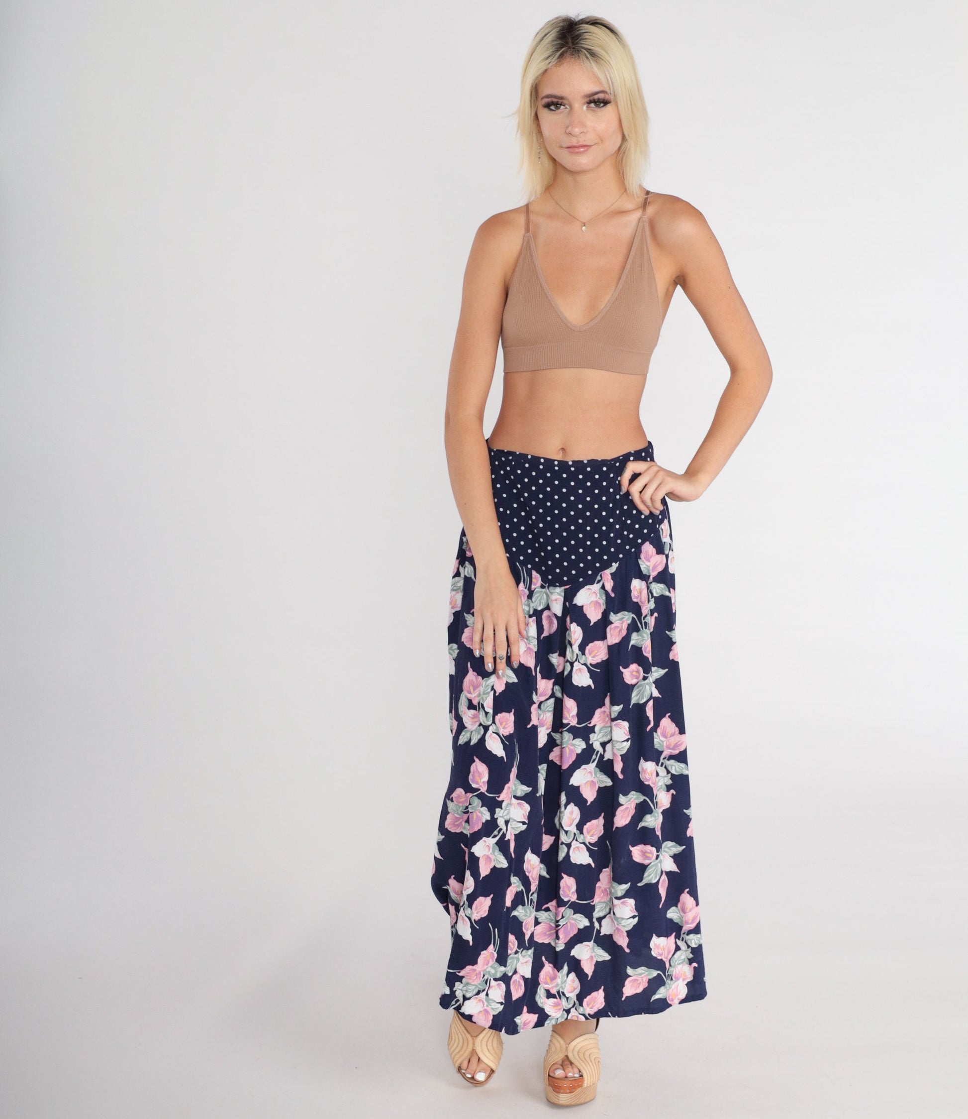 80s Navy Polka Dot Floral Maxi Skirt High Waist Basque Pleated Medium M