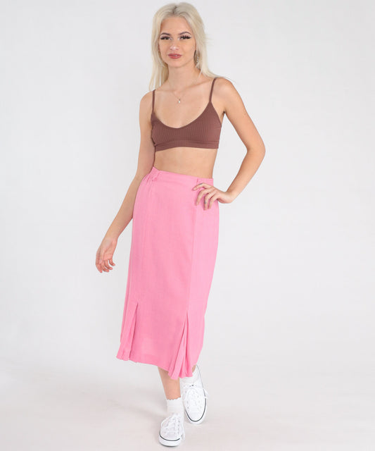 80s Pink Pleated Midi Skirt High Waist School Girl Preppy Small