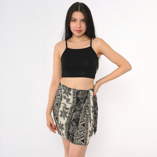 90s Streetusfar Floral Wrap Skirt Black White Striped Mini XS