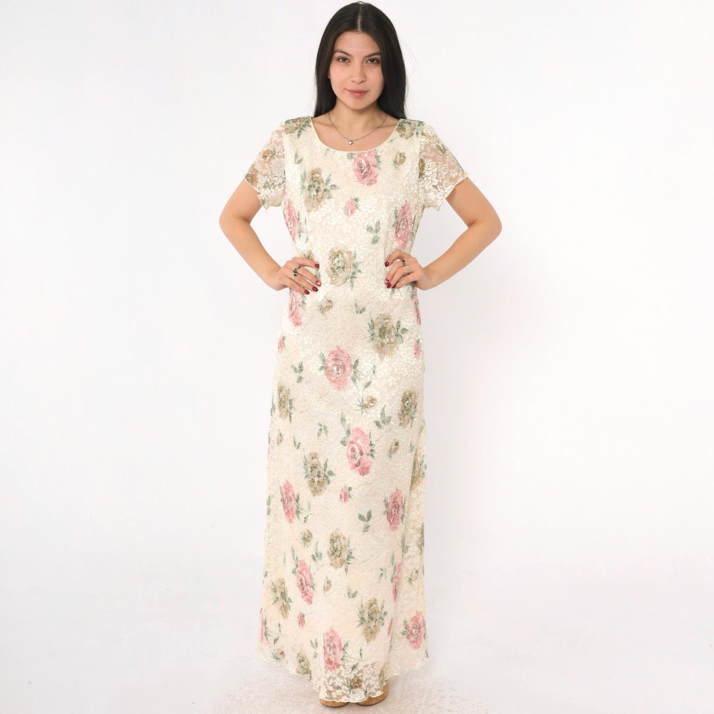 90s Ronni Nicole Cream Lace Maxi Dress Floral Print Short Sleeve Medium