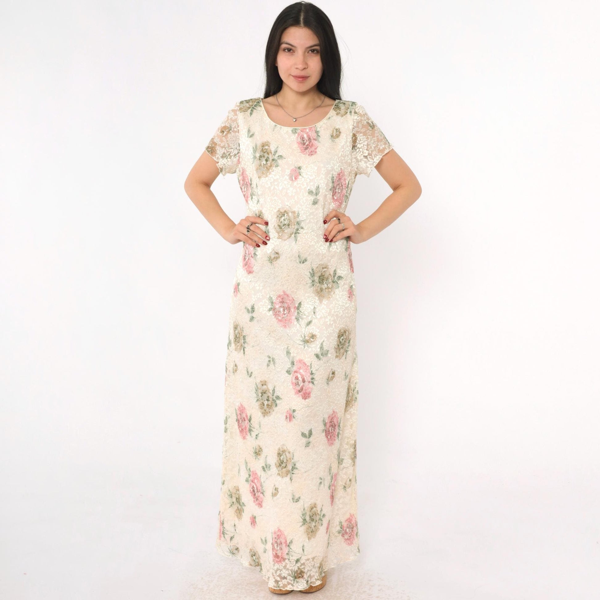 90s Ronni Nicole Cream Lace Maxi Dress Floral Print Short Sleeve Medium