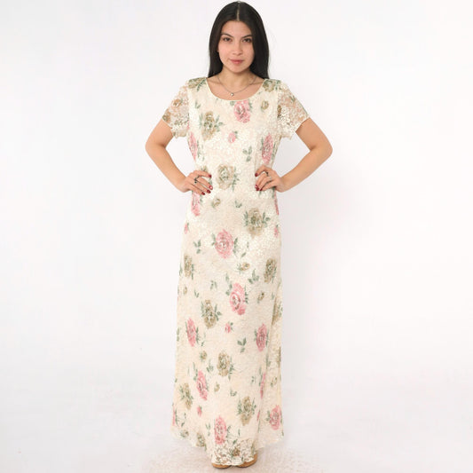 90s Ronni Nicole Cream Lace Maxi Dress Floral Print Short Sleeve Medium