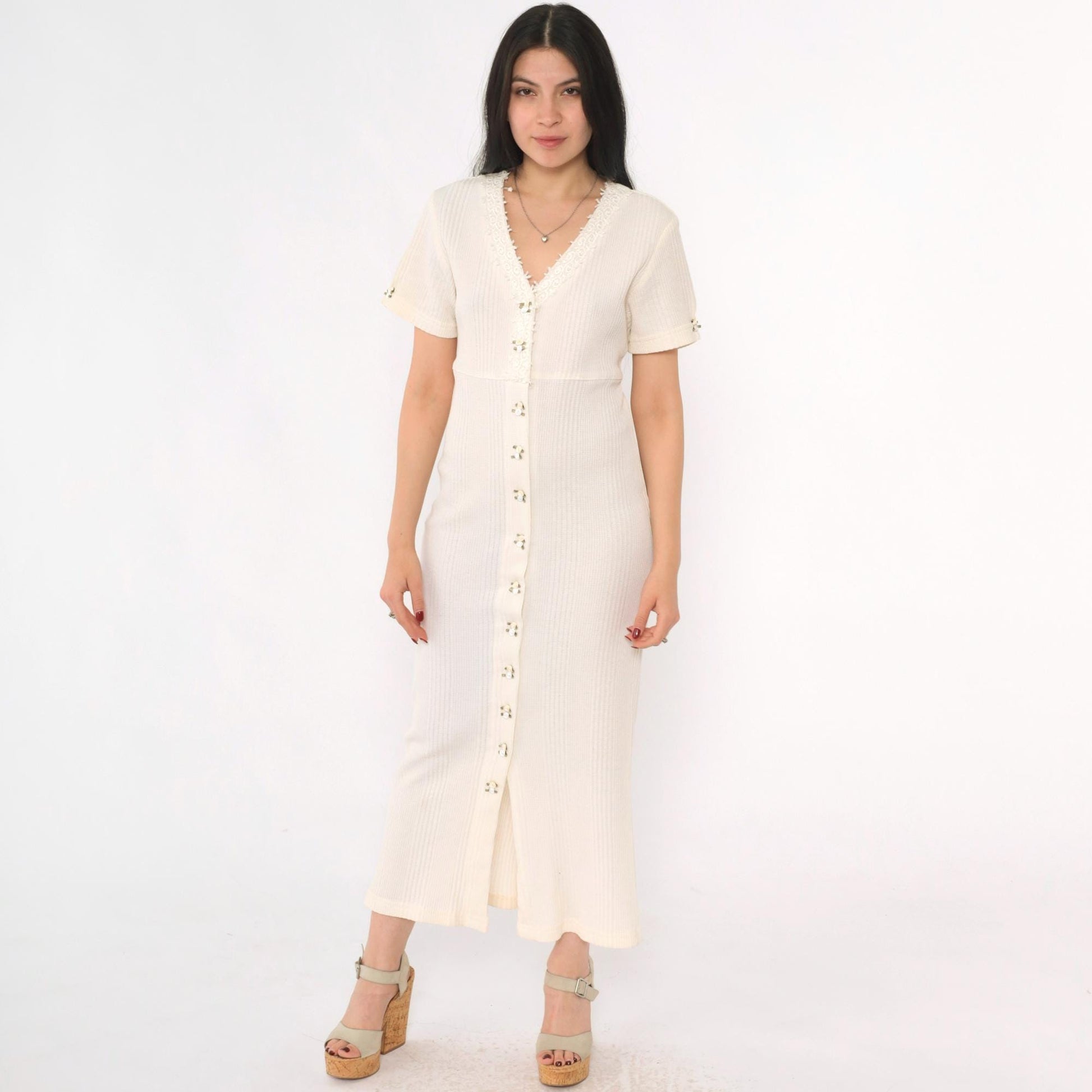 90s Ivory Ribbed Rosette Maxi Dress Button Front Lace – Shopexile