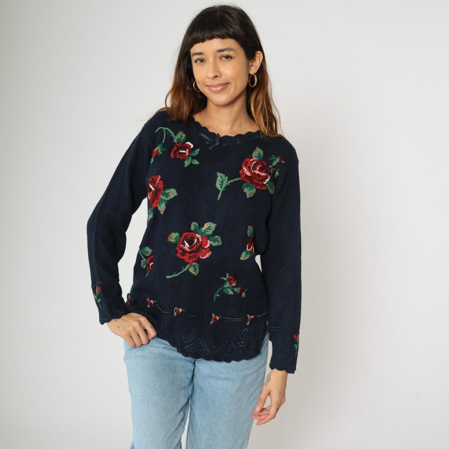 90s Navy Embroidered Floral Pullover Sweater Openwork Knit Medium Petite