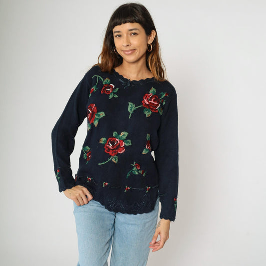 90s Navy Embroidered Floral Pullover Sweater Openwork Knit Medium Petite