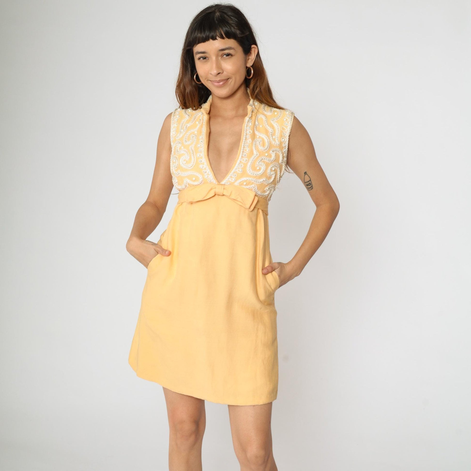 60s Maison Mendessolle Peach Mini Dress Beaded Bow Empire Waist XS
