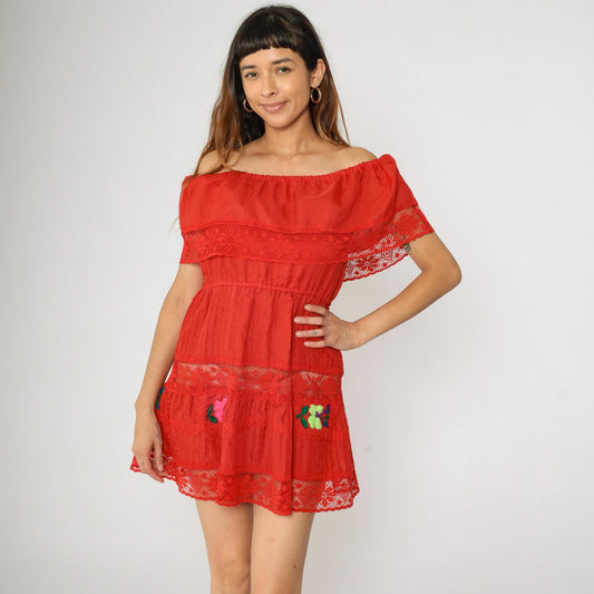 90s Mexican Peasant Dress Red Floral Embroidered Mini Off-Shoulder Small