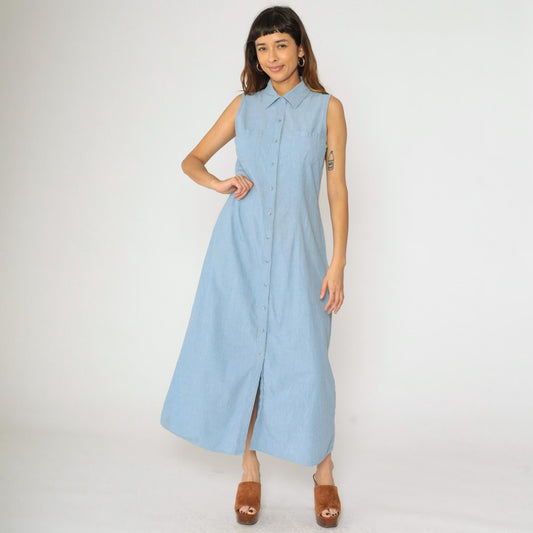 90s Blue Chambray Button-Up Midi Dress Sleeveless Collared A-Line Small S
