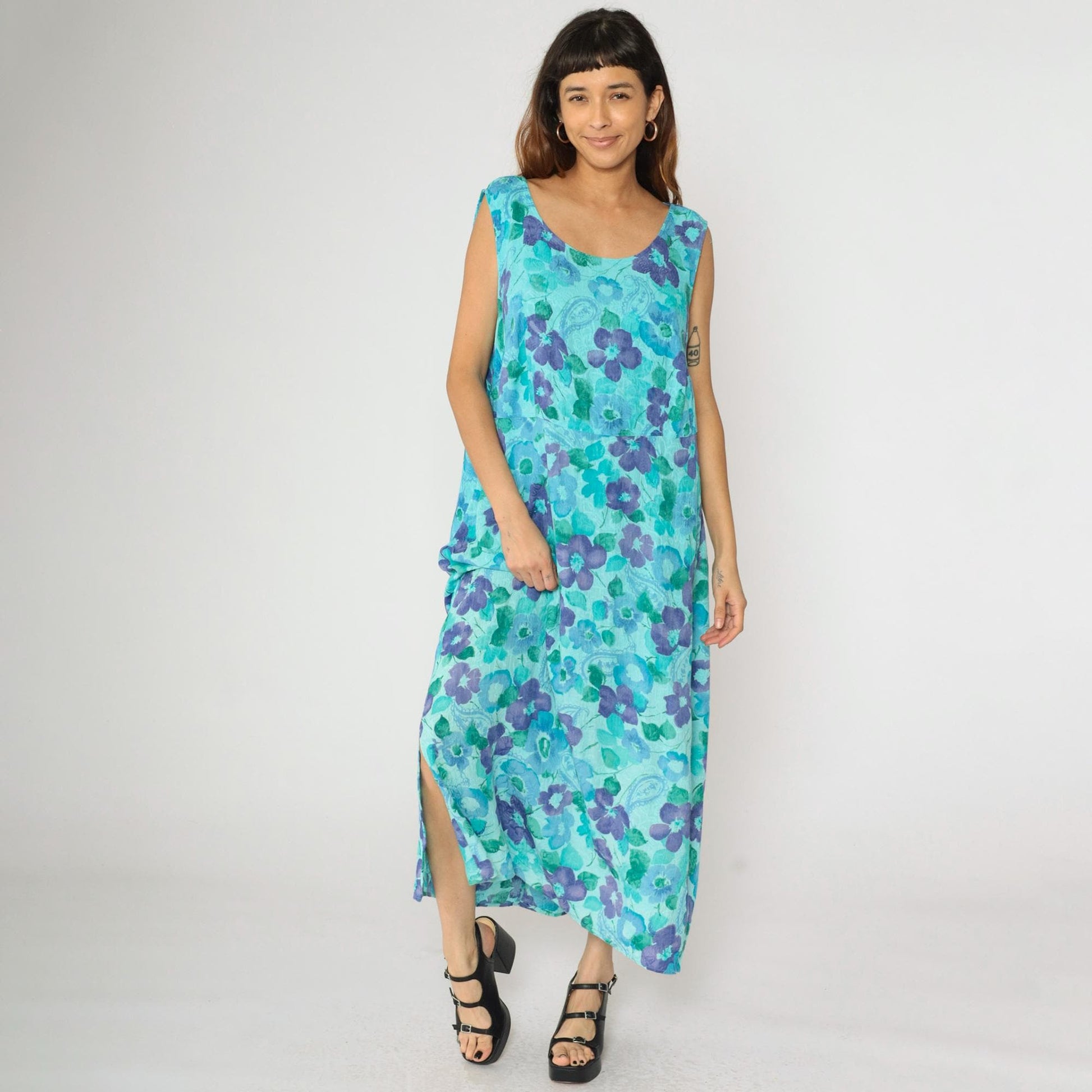 90s Aqua Watercolor Floral Paisley Maxi Dress Sleeveless Rayon Plus Size XXL