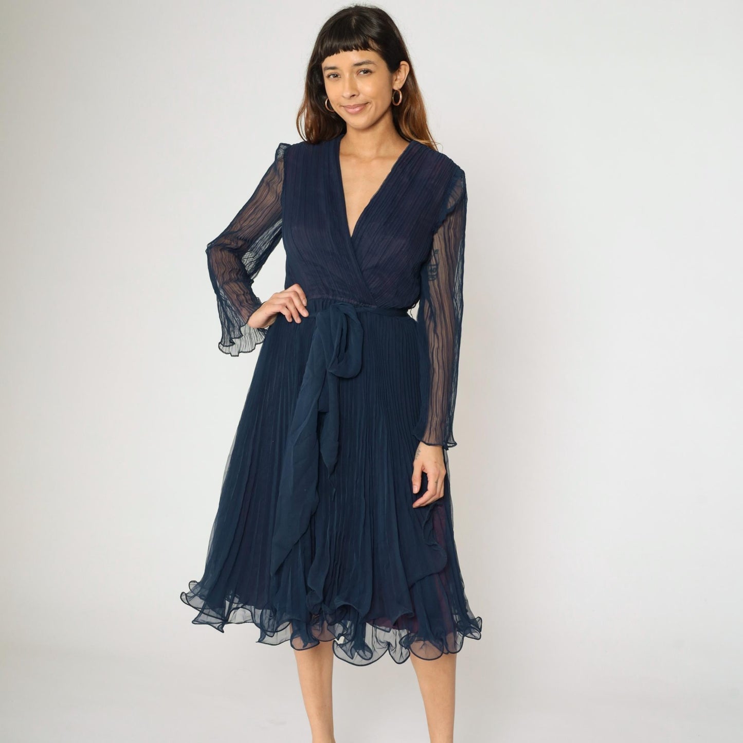 70s Navy Chiffon Midi Dress Pleated V-Neck Sheer Sleeves High Waist Small