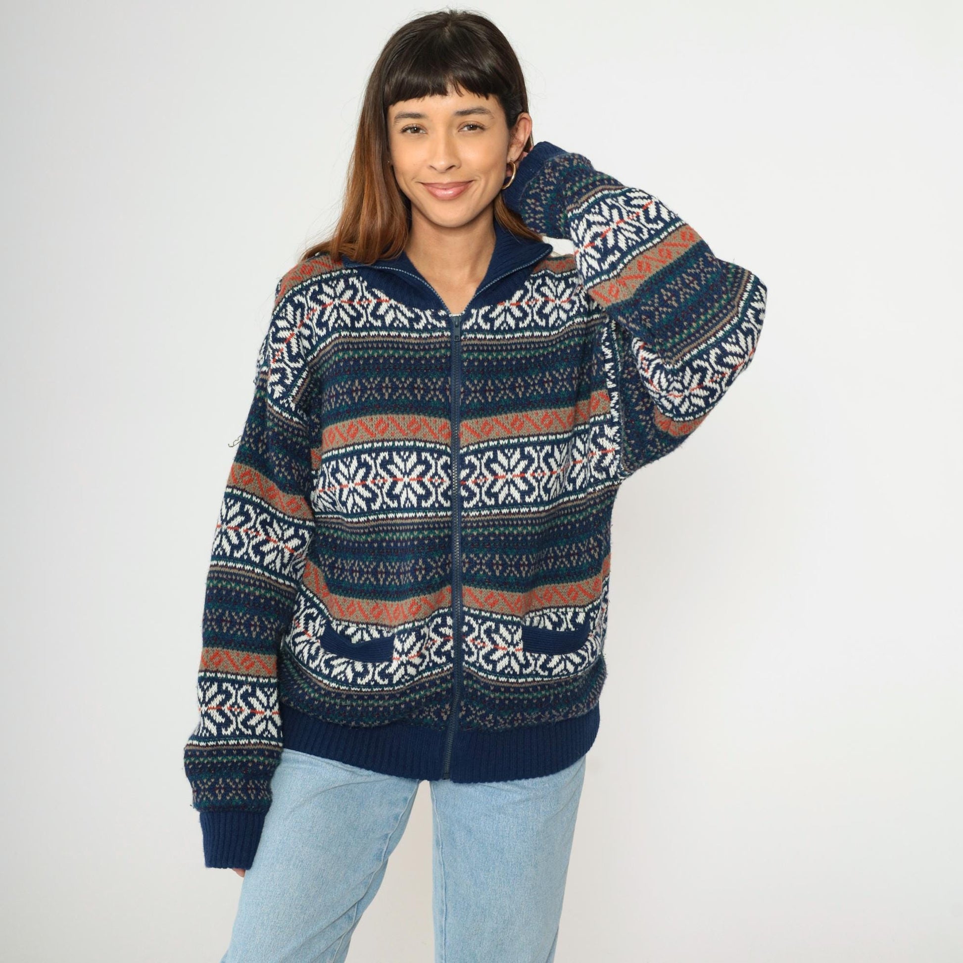 00s Fair Isle Cardigan Navy Blue Zip-Up Knit Sweater Large L