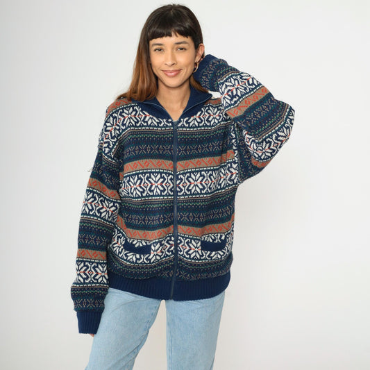 00s Fair Isle Cardigan Navy Blue Zip-Up Knit Sweater Large L