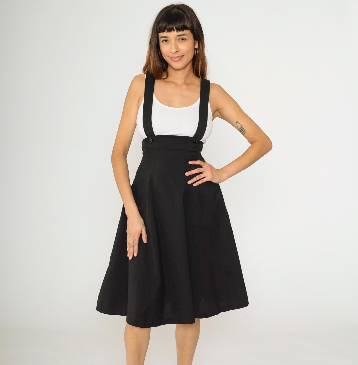 Y2K Black A-Line Midi Skirt with Suspender Straps High Waist 00s Extra Small