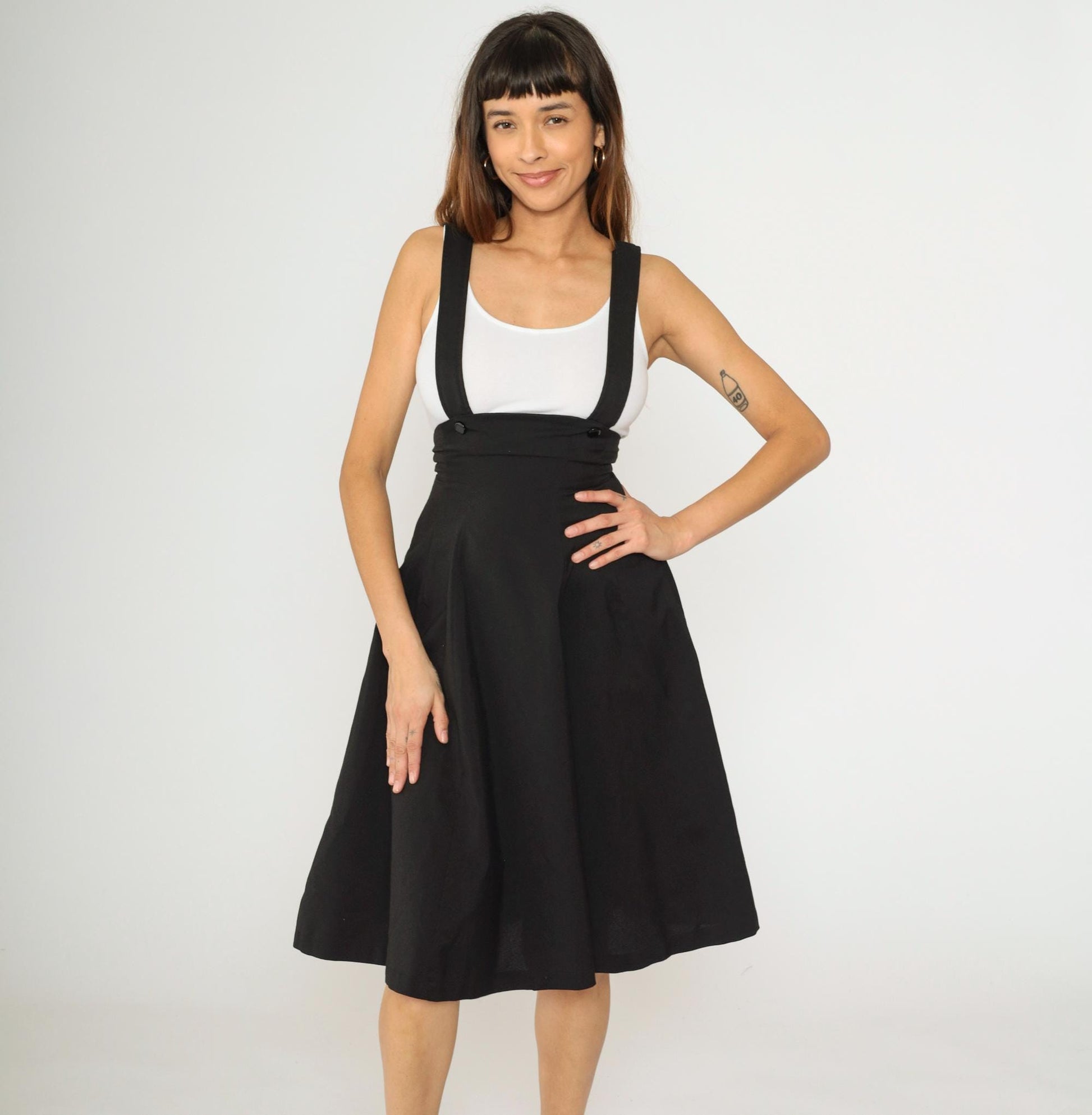 Y2K Black A-Line Midi Skirt with Suspender Straps High Waist 00s Extra Small