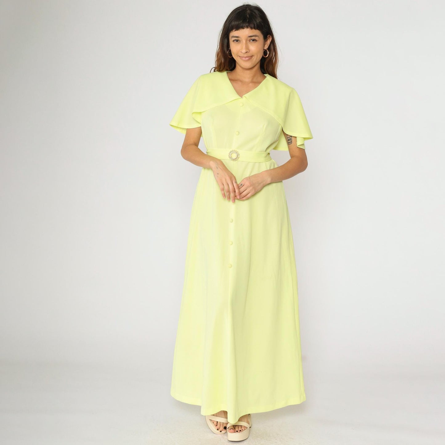 70s Yellow Maxi Dress Capelet Ruffle V-Neck Belted Pearl Buckle Large L