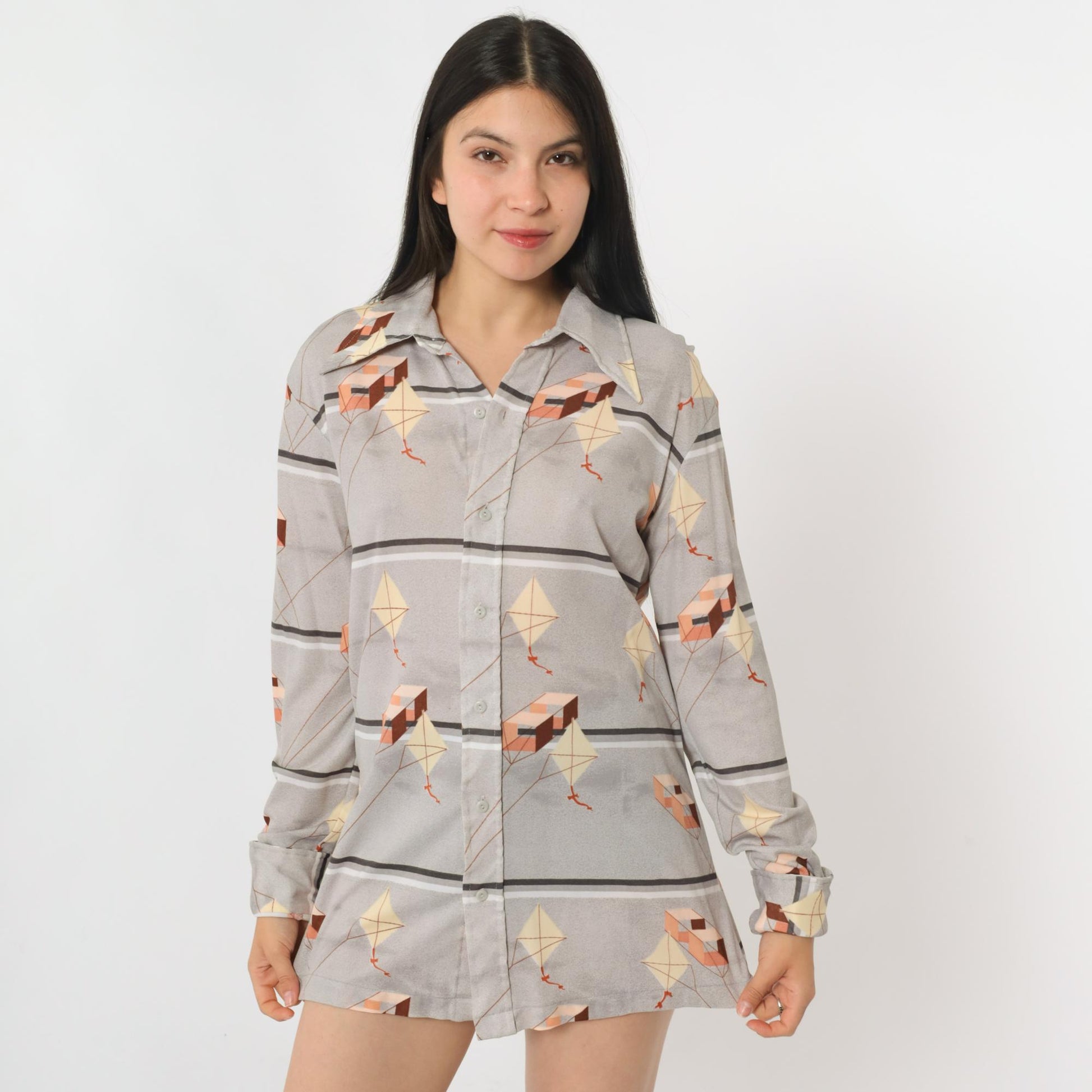 70s Huk-A-Poo Kite Print Button Up Shirt Grey Pointed Collar Medium