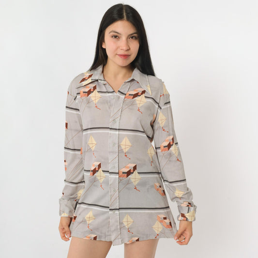 70s Huk-A-Poo Kite Print Button Up Shirt Grey Pointed Collar Medium