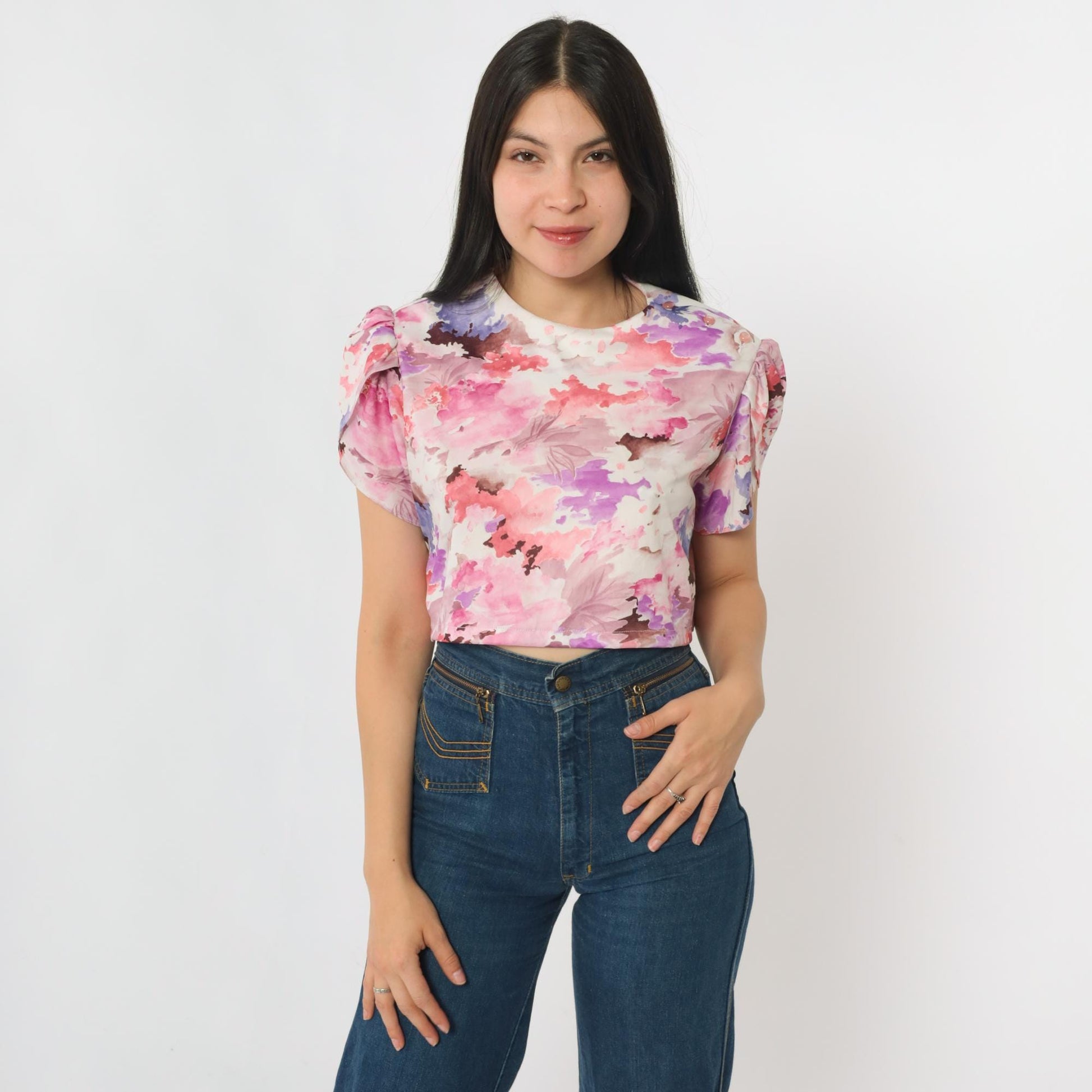 70s Floral Crop Top Puff Sleeve Blouse Pink Purple White Medium