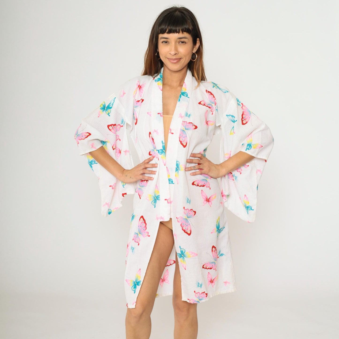 70s Butterfly Kimono Robe White Open Front Half-Sleeve Dressing Gown Small