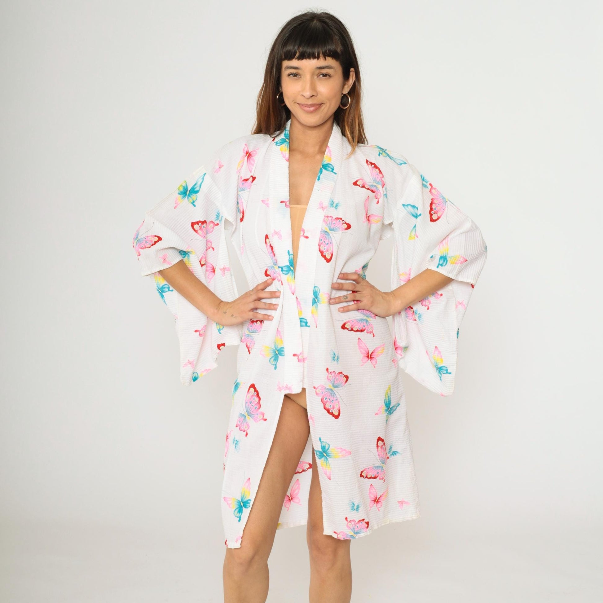 70s Butterfly Kimono Robe White Open Front Half-Sleeve Dressing Gown Small