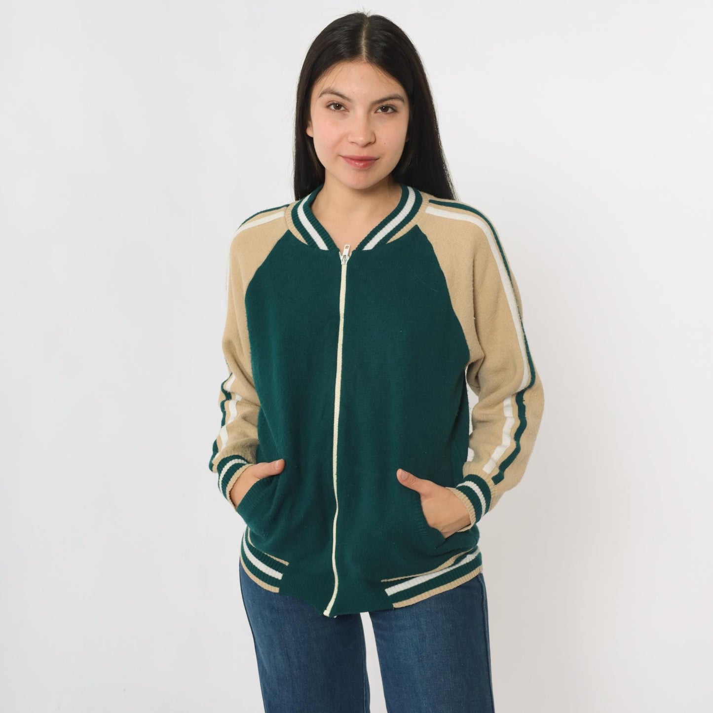 80s Plum Blossom Track Jacket Green Acrylic Knit Raglan Zip-Up Medium