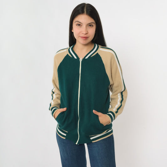 80s Plum Blossom Track Jacket Green Acrylic Knit Raglan Zip-Up Medium