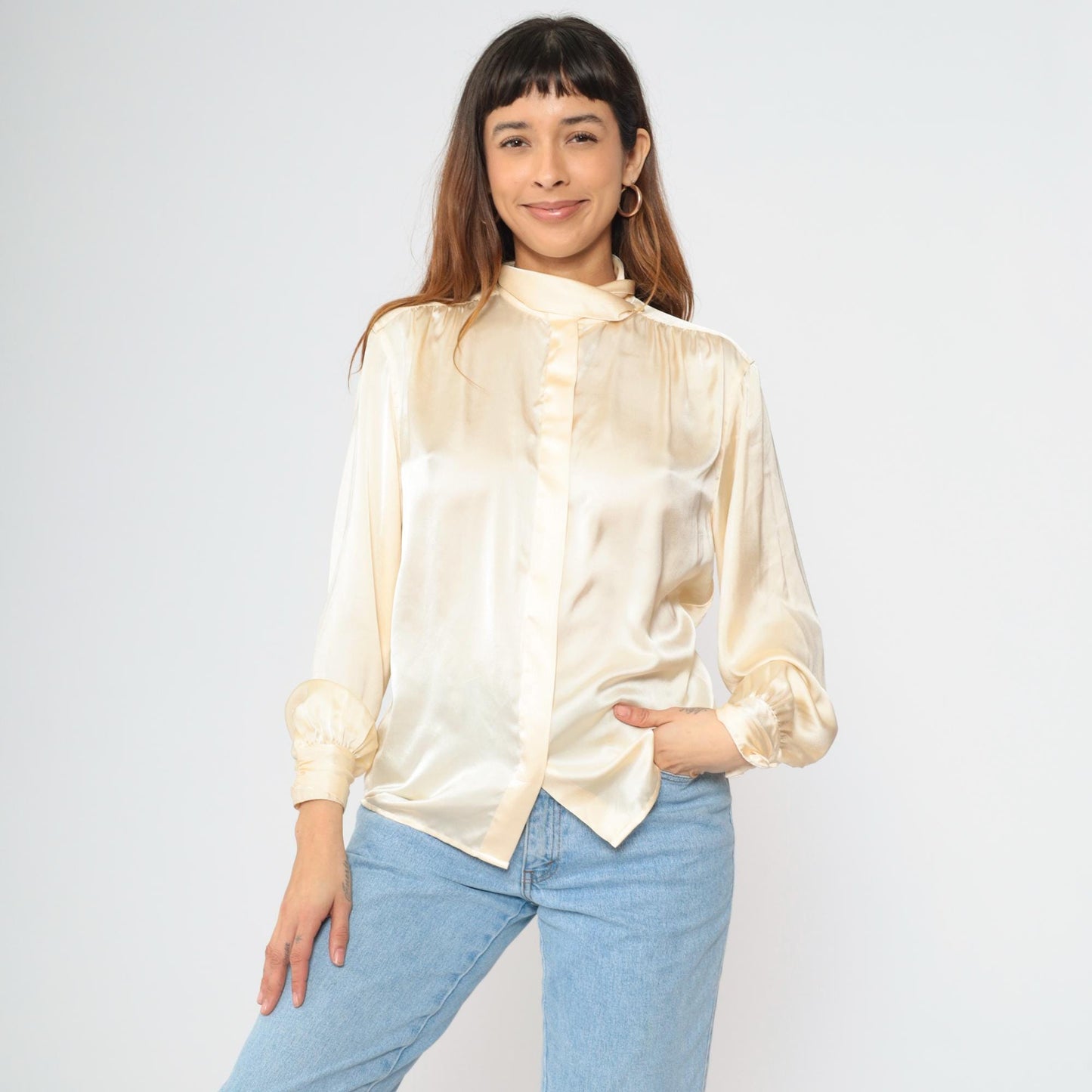 80s Jones Wear Cream Satin Mock Neck Blouse Long Sleeve Small 6