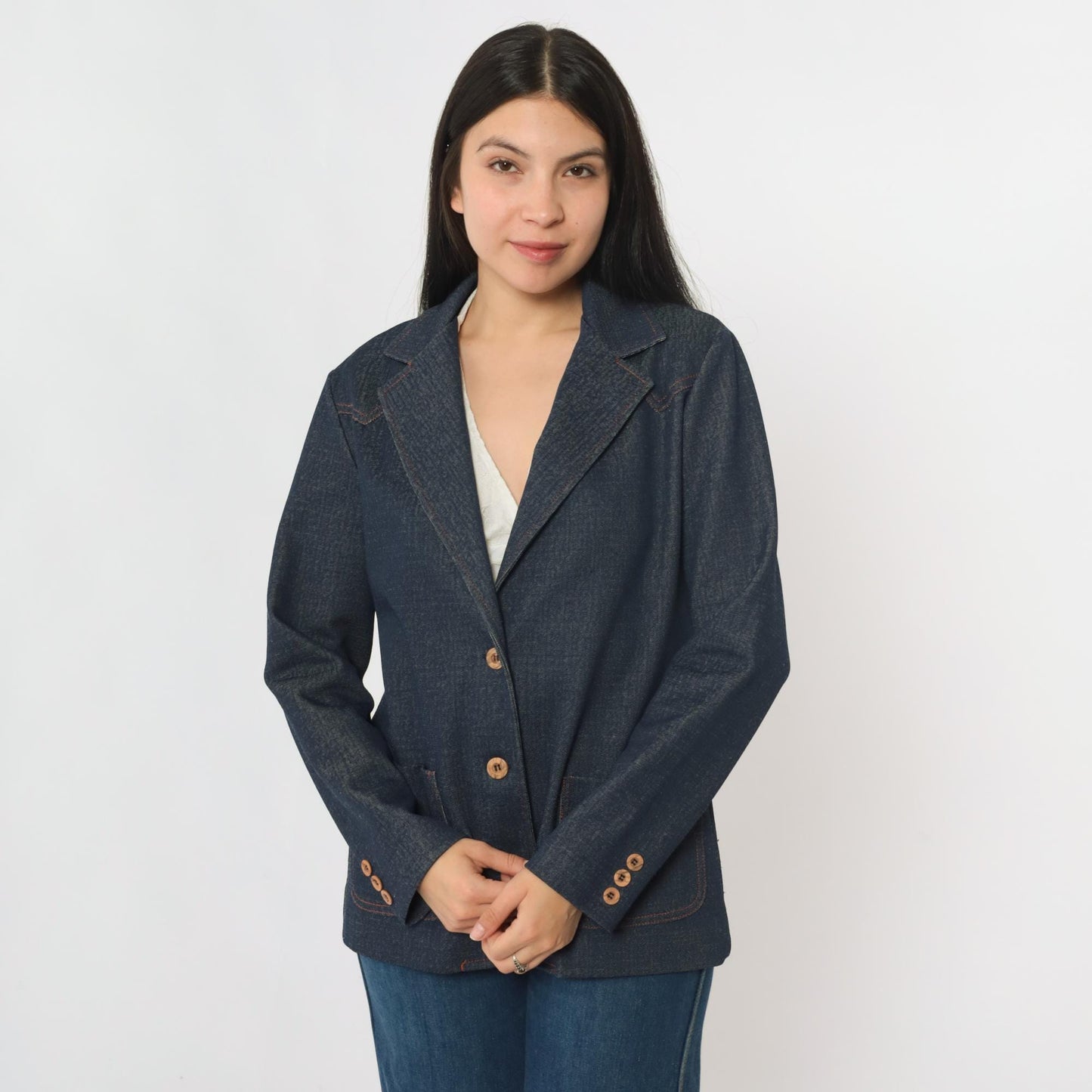 70s Dark Wash Denim Blazer Jacket Collared Button-Up Blue Medium