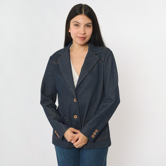 70s Dark Wash Denim Blazer Jacket Collared Button-Up Blue Medium