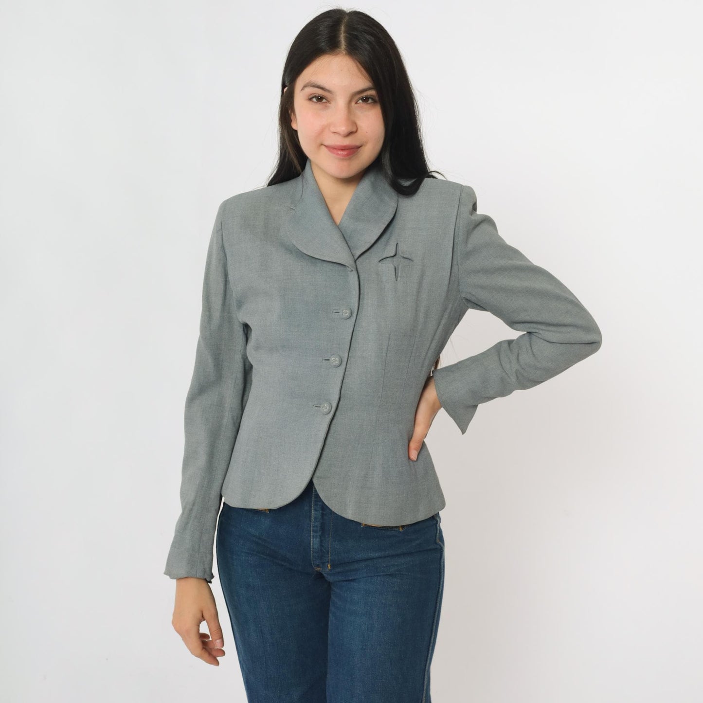 1940s Grey Wool Blazer Cropped Sculpted Waist Shawl Collar Extra Small