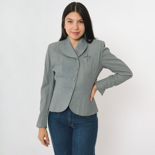 1940s Grey Wool Blazer Cropped Sculpted Waist Shawl Collar Extra Small