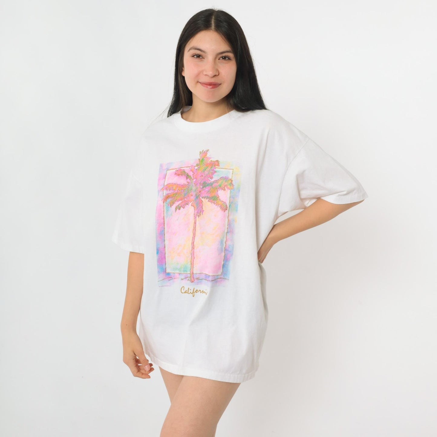 90s California Palm Trees Metallic Graphic T-Shirt White Gold Glitter Extra Large