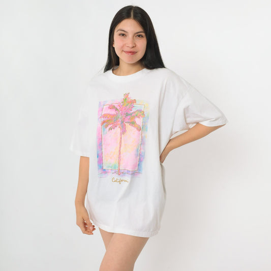 90s California Palm Trees Metallic Graphic T-Shirt White Gold Glitter Extra Large