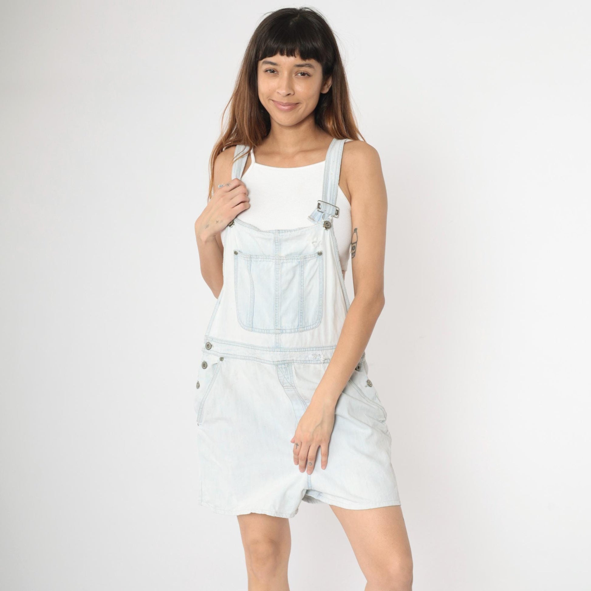 90s Bill Blass Light Wash Denim Shortalls Distressed Blue Jean Overalls Medium