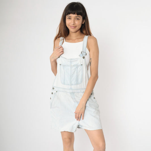 90s Bill Blass Light Wash Denim Shortalls Distressed Blue Jean Overalls Medium